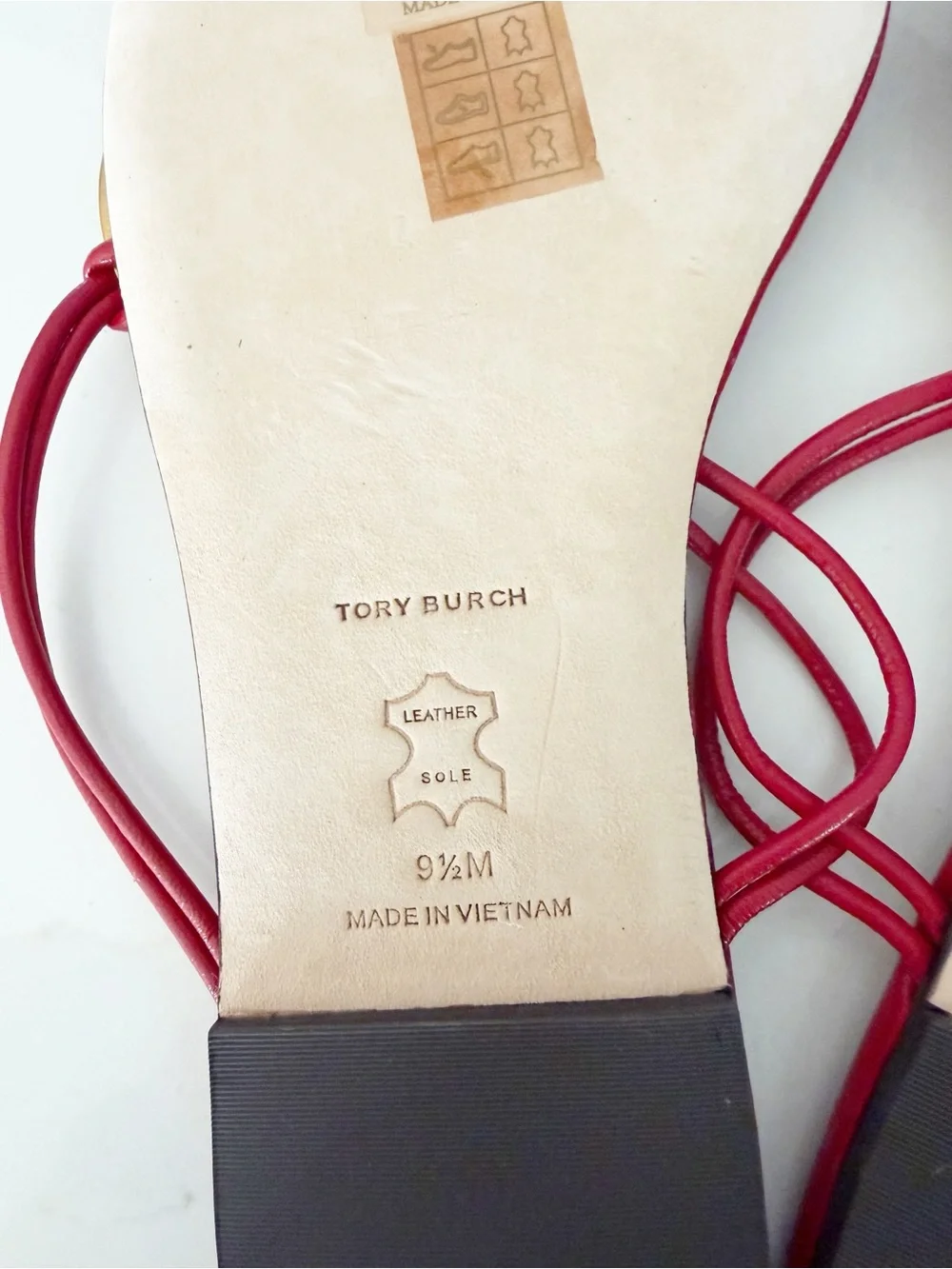 Tory Burch Patos Leather Flat Sandal Red Gold Medallion Sz 9.5 MSRP $238 NEW